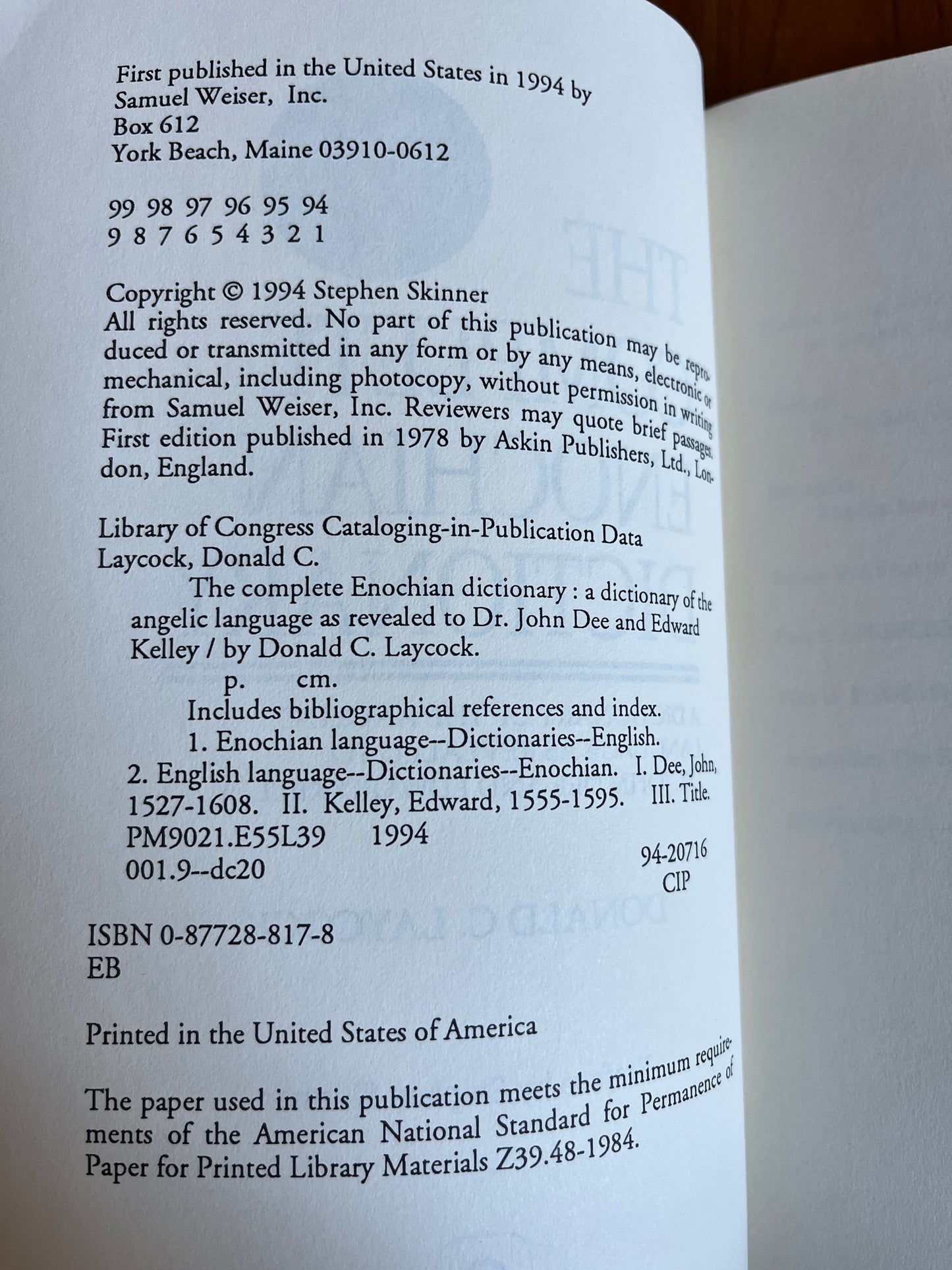 The Complete Enochian Dictionary - Donald C Laycock (First Edition thus)