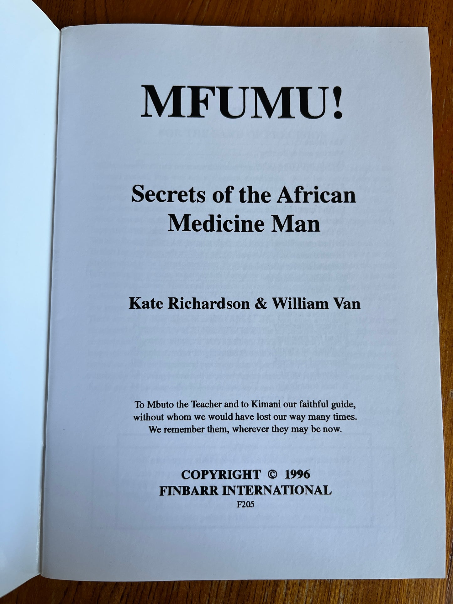 The Mfumu: Secrets of the African Medicine Man - William Van and Kate Richardson (Finbarr First Edition 1996)