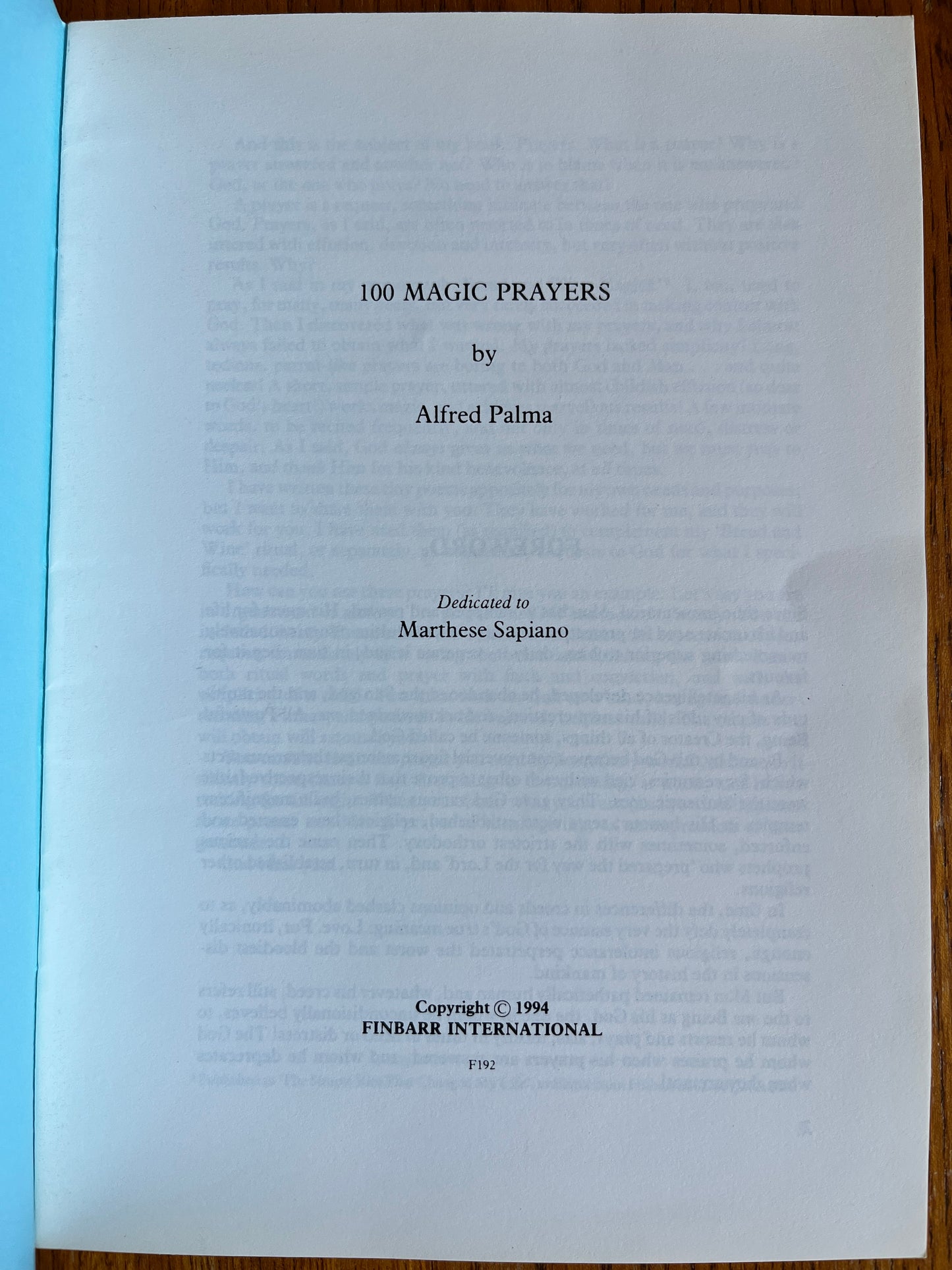 100 Magic Prayers - Alfred Palma (Finbarr First Edition 1994)