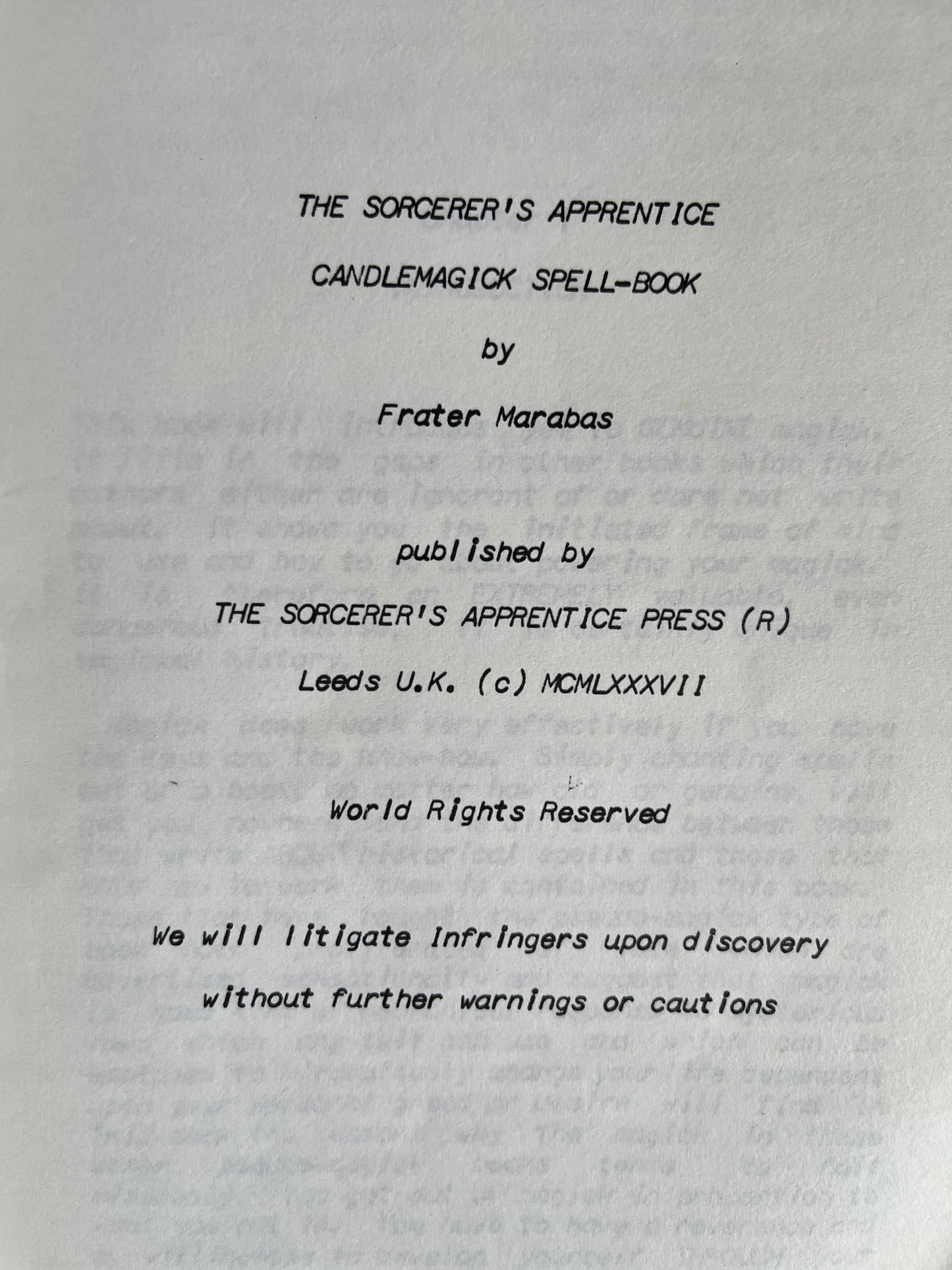 The Sorcerer's Apprentice: Candlemagick Spellbook - Frater Marabas (1987 First Edition Zine)