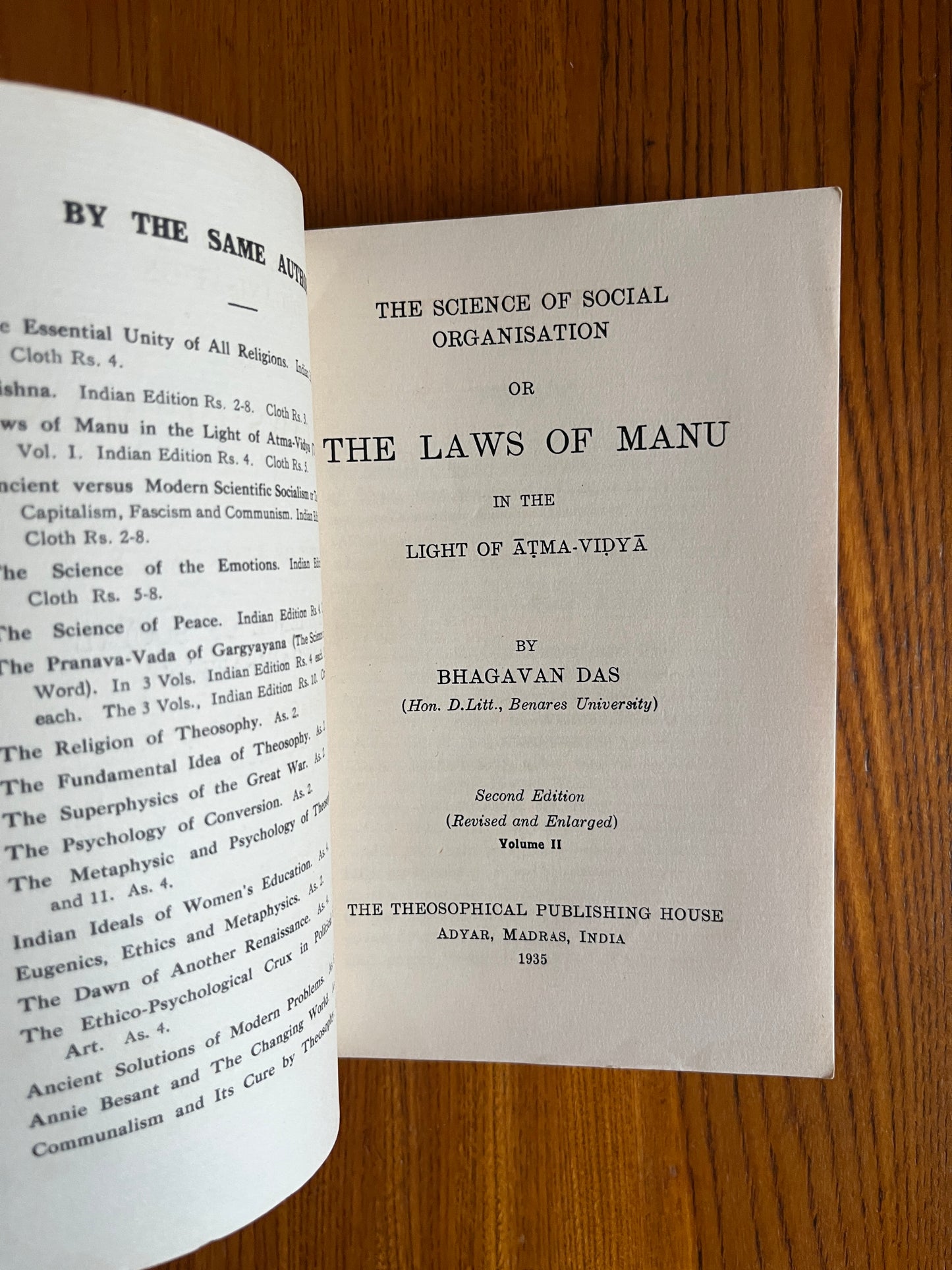 The Science of Social Organisation or The Laws of Manu: Volumes 1 & 2 – Bhagavan Das