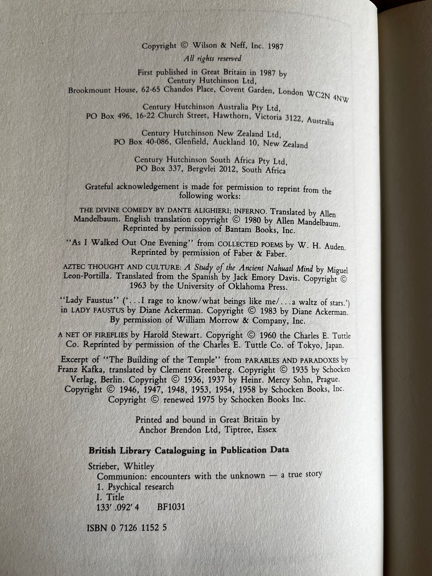 Communion - Whitley Strieber (UK First Edition)