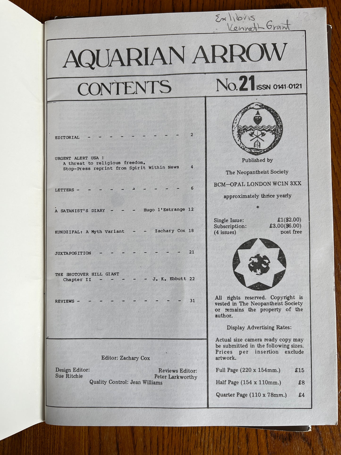 The Aquarian Arrow Issues 14 & 21 - EX LIBRIS KENNETH GRANT