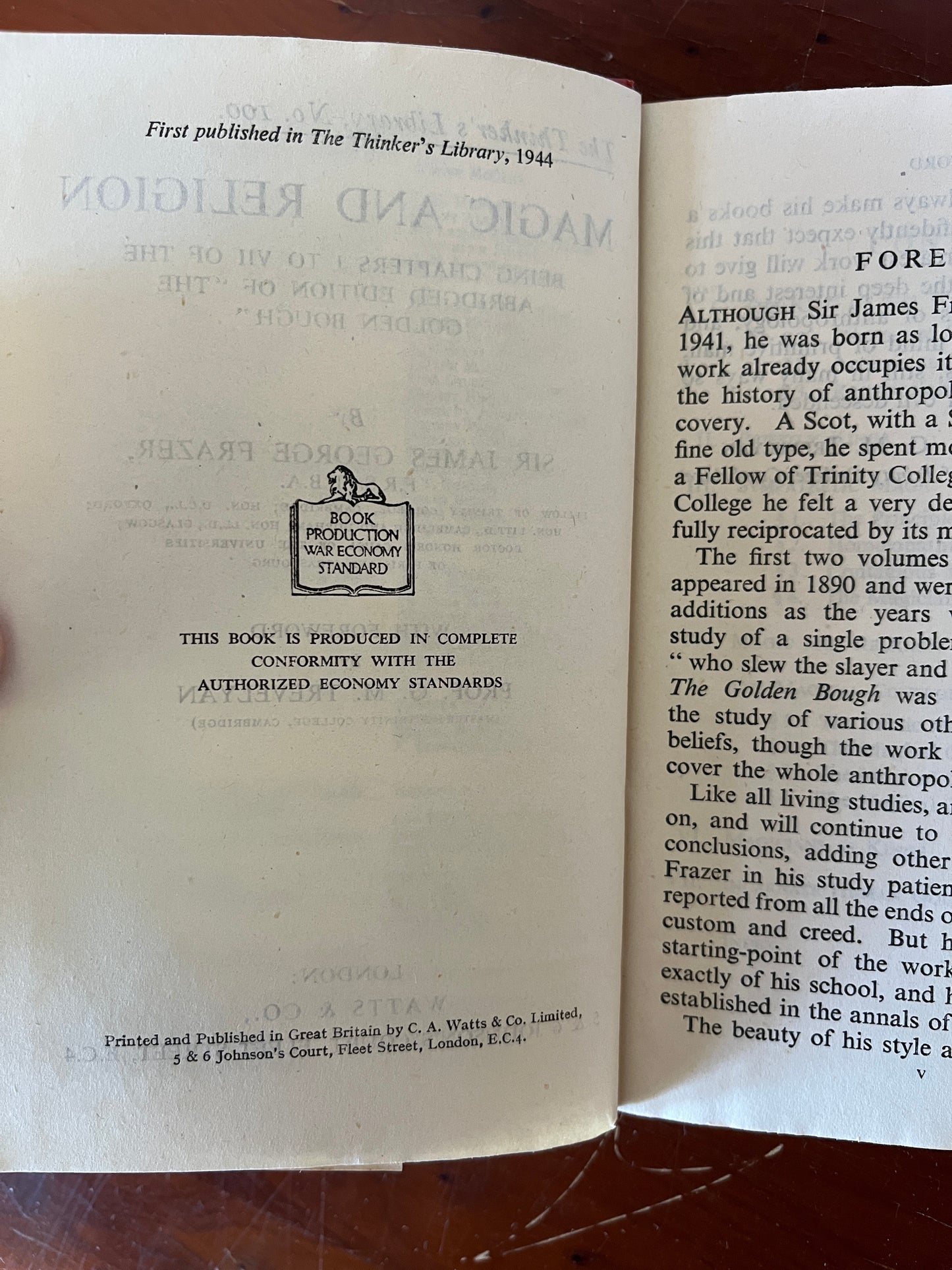 Magic and Religion - Sir James George Frazer (1944 First Edition Thus, Thinker's Library with War Economy Standard Printing)