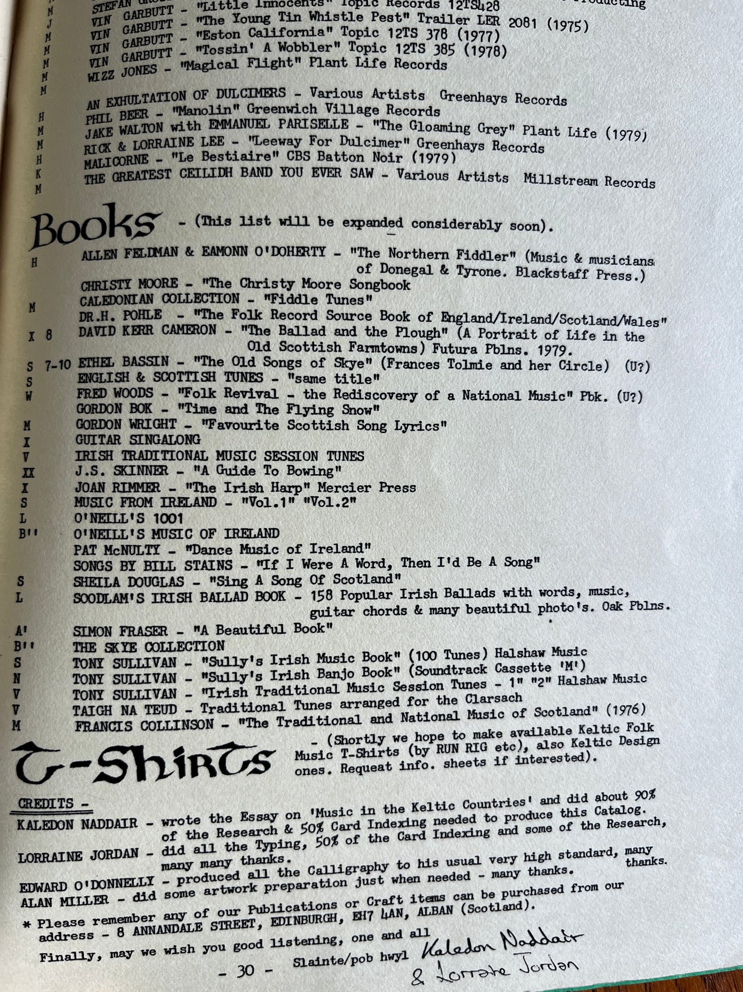 The Keltic Music Service: Catalog 1 - Kaledon Naddair & Lorraine Jordan (RARE ZINE)