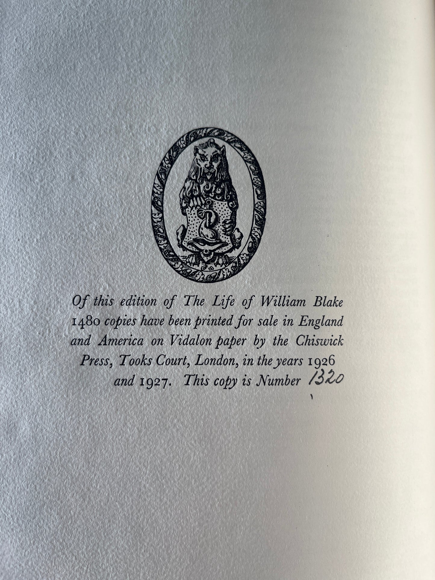 The Life of William Blake - Mona Wilson (First Ed, Limited Ed of 1480, this copy no. 1320)